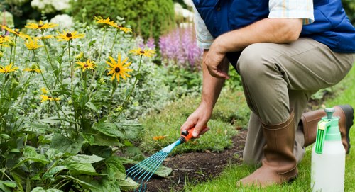 Professional gardeners using protective equipment during routine maintenance